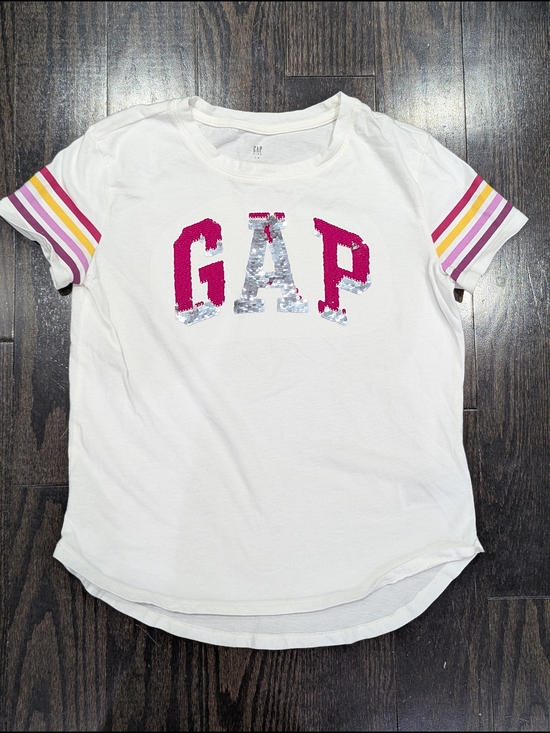 GAP Other - 5/$35 Gap Kids Flip Sequin Logo Tee L 10-11 White Stripe Sleeve Cotton Shirt